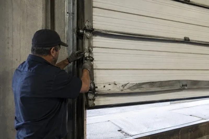 Person holding tools at the side hinge of a partly raised industrial sectional door — Commercial Sectional Door Repair, Port Colborne