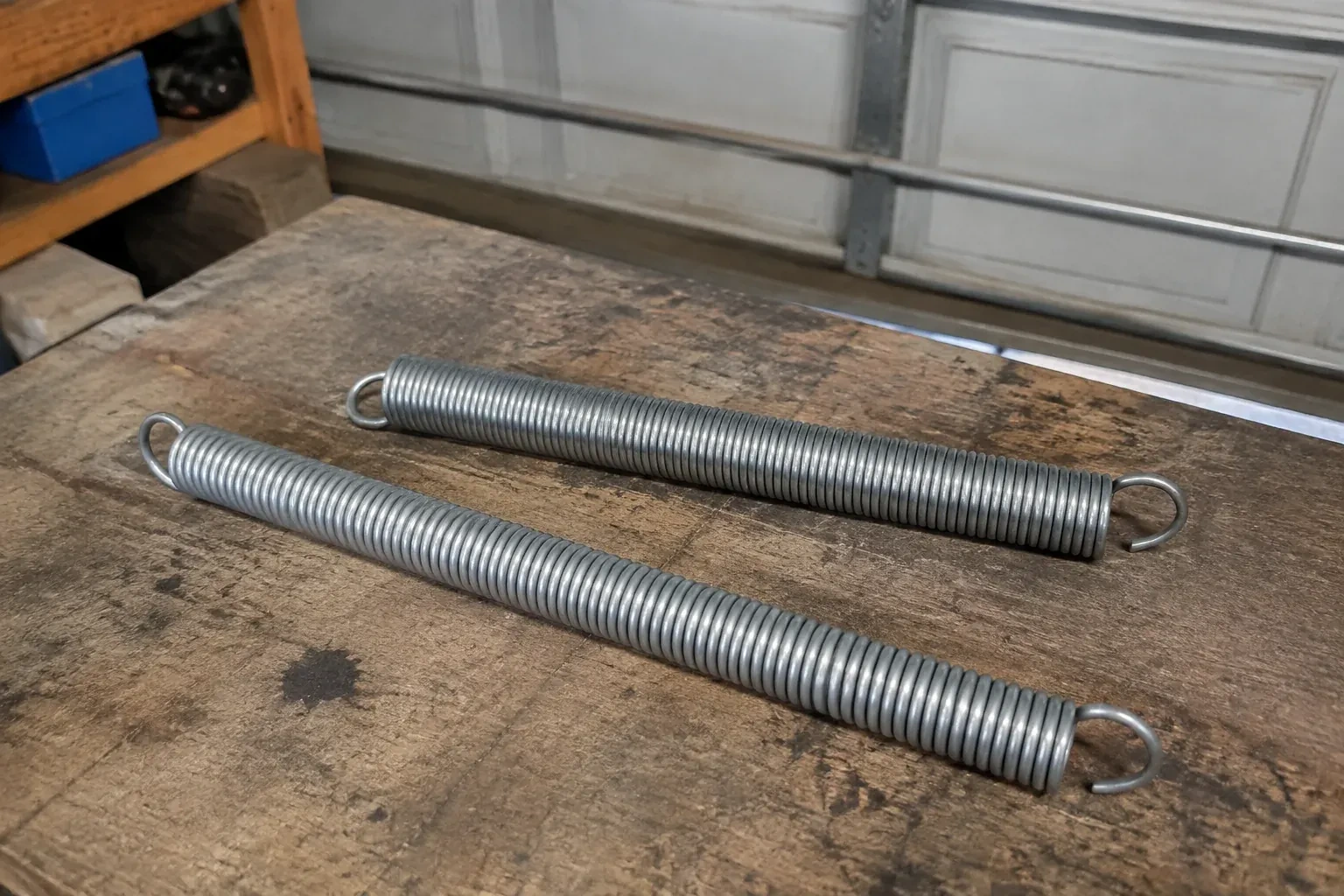 Two detached extension springs with hooked ends on a garage bench. — Extension Spring Replacement, Port Colborne