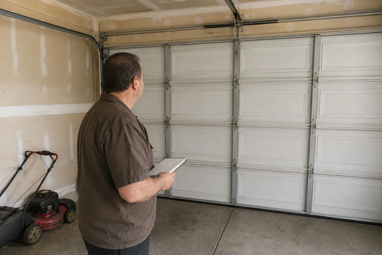 Technician holding a notebook while looking at a closed sectional door. — Garage Door Balance Adjustment, Port Colborne