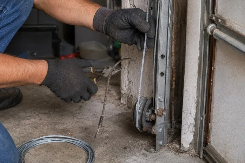 Gloved hands holding a bright cable and pliers gripping a frayed cable beside a garage-door track and pulley. — Garage Door Cable Replacement, Port Colborne