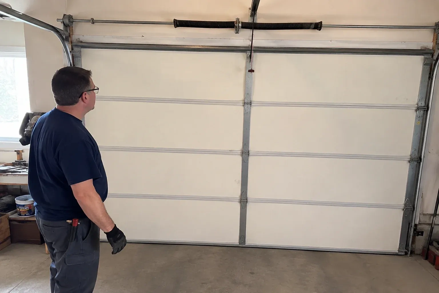 Illustrative garage doors scene; not an actual job — Off-Track Garage Door Reset, Port Colborne