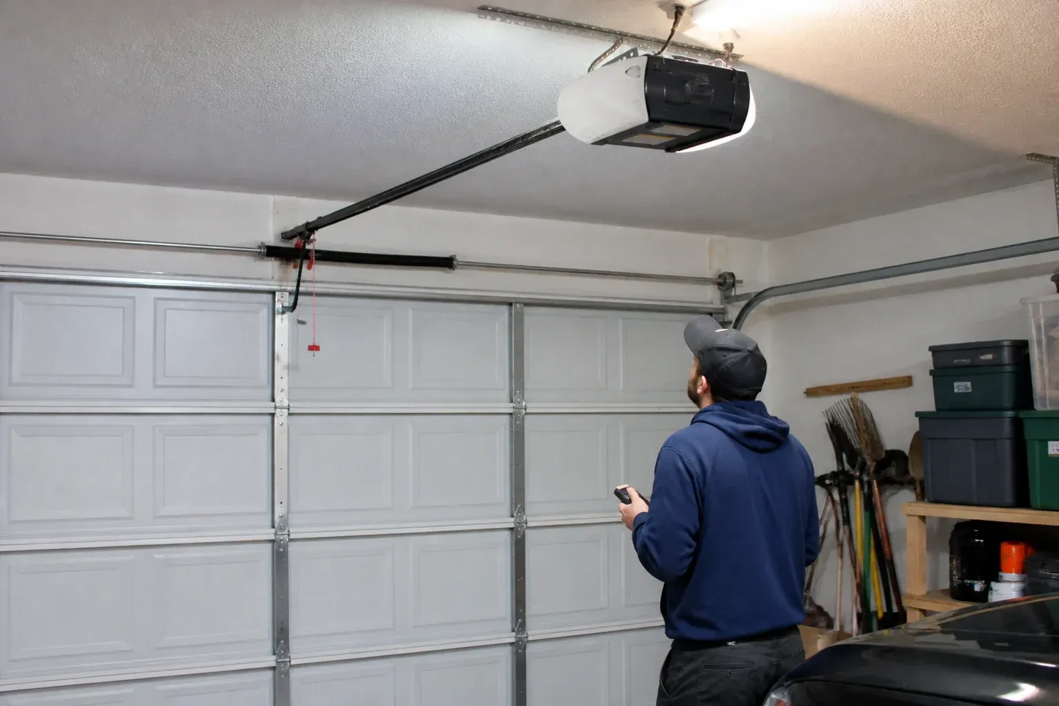 A person holding a remote looks toward an overhead garage-door opener and rail. — Garage Door Opener Diagnosis and Repair, Port Colborne