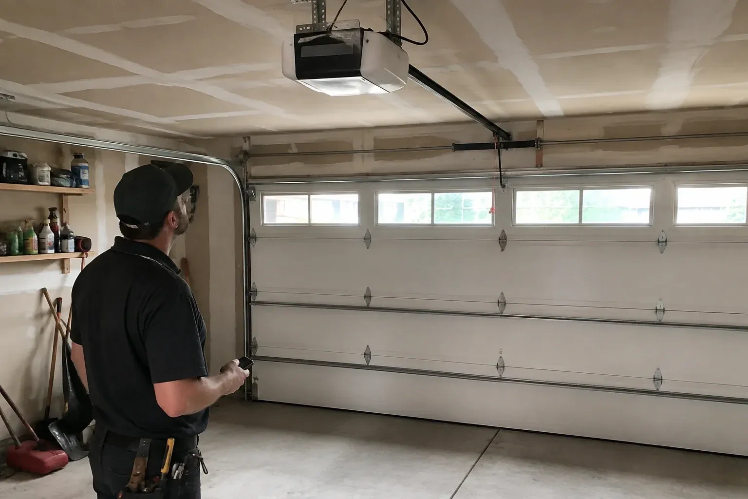 A person looks at an overhead opener above a closed garage door with a row of windows. — Garage Door Opener Replacement, Port Colborne