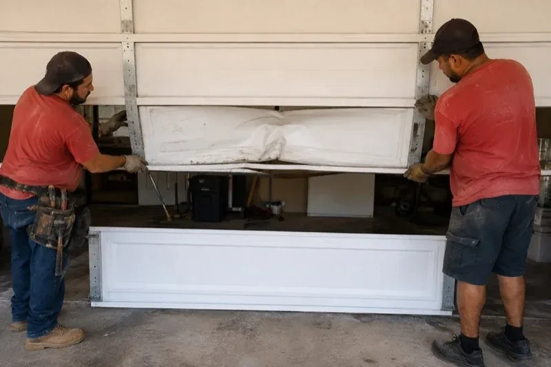 Two people holding a dented lower garage-door section above a separate white panel resting on the ground. — Garage Door Panel Replacement, Port Colborne