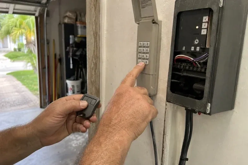 Hands holding a small remote and pressing a wall-mounted keypad beside an open control box with visible wiring. — Garage Door Remote and Keypad Programming, Humberstone