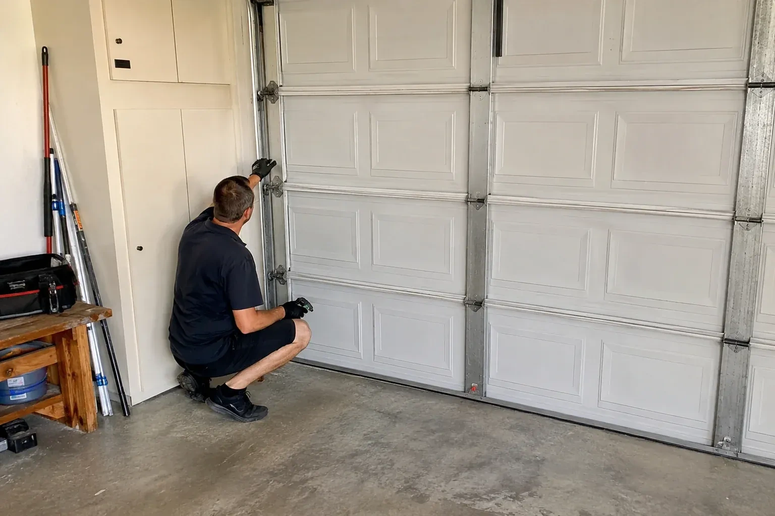 A person kneels beside the side track and hinges of a closed sectional garage door. — Garage Door Safety Inspection, Port Colborne