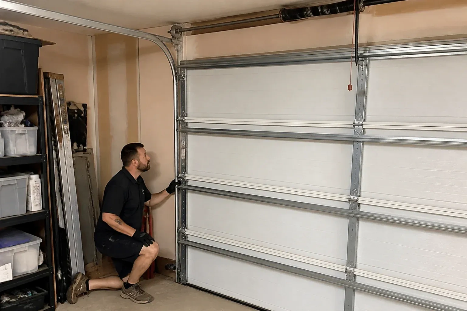A person examines the vertical side track of a closed garage door. — Garage Door Track Repair or Replacement, Port Colborne