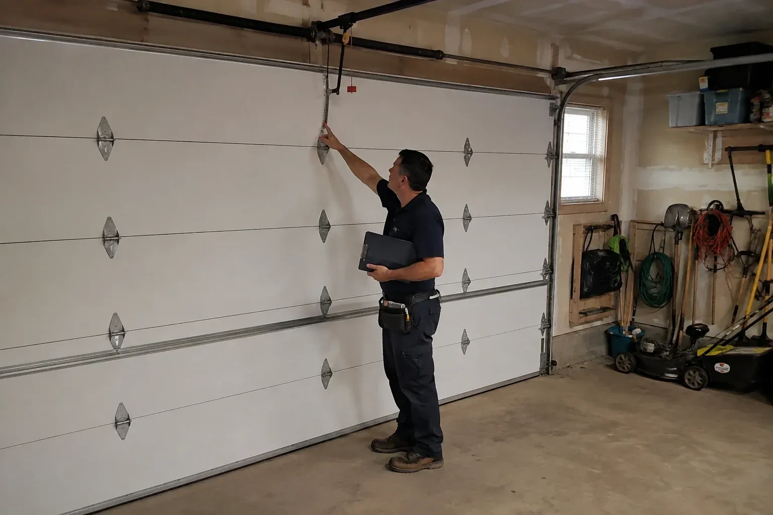 A person holding a clipboard examines the interior hardware of a closed garage door. — Garage Door Tune-Up, Port Colborne