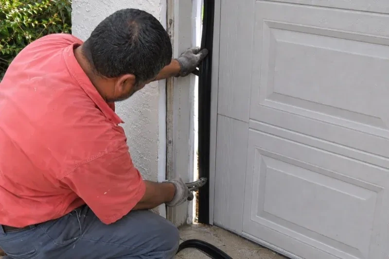 Gloved person holding a black strip along the side of a sectional garage-door opening — Garage Door Perimeter Weatherstrip, Port Colborne