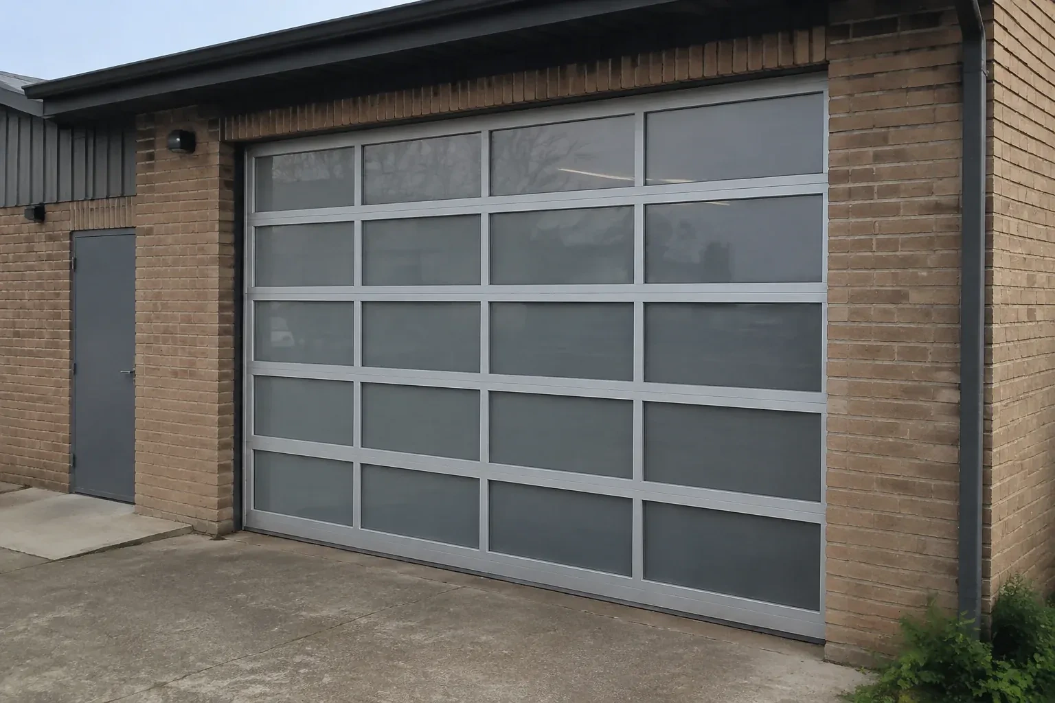 Closed glazed sectional door in a grey metal frame at a brick workshop. — Full-View Glass Garage Door Installation, Port Colborne