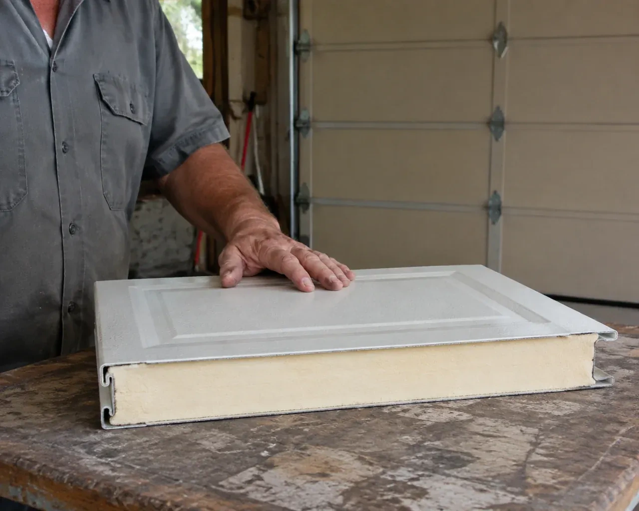 A panel sample exposes a cream foam core between thin metal faces on a garage workbench. — Insulated Steel Garage Door Installation, Port Colborne