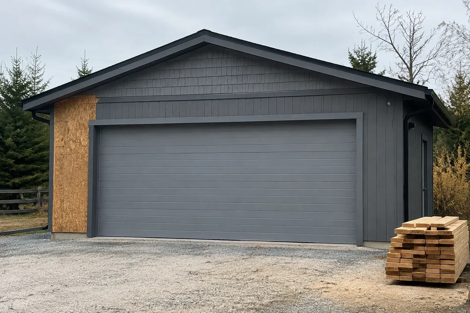 Closed grey garage door on a partly finished building beside stacked lumber. — New-Construction Garage Door Installation, Port Colborne