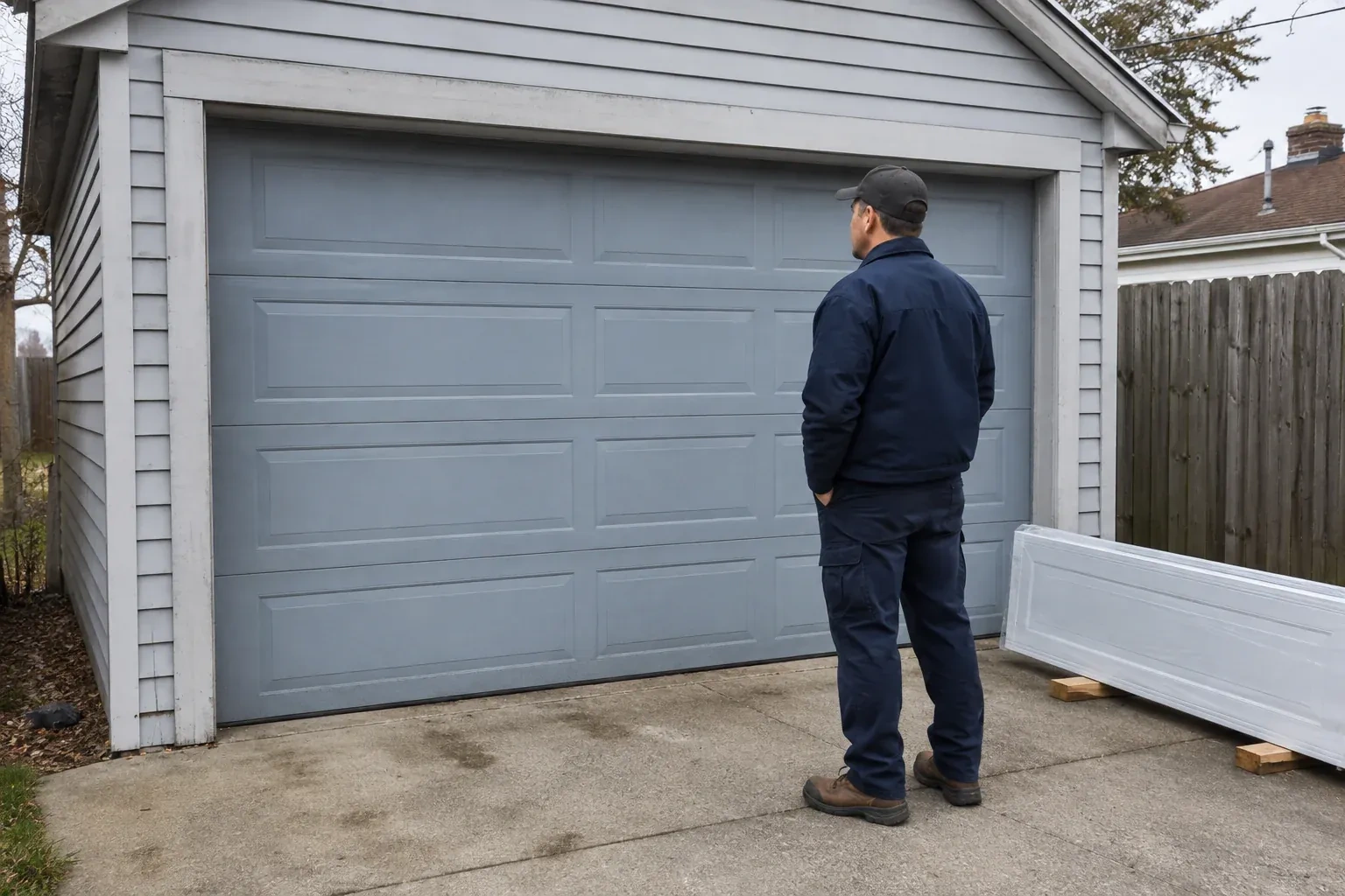 A person examines a blue-grey sectional garage door with a packaged door panel resting beside the driveway. — Sectional Garage Door Replacement, Port Colborne