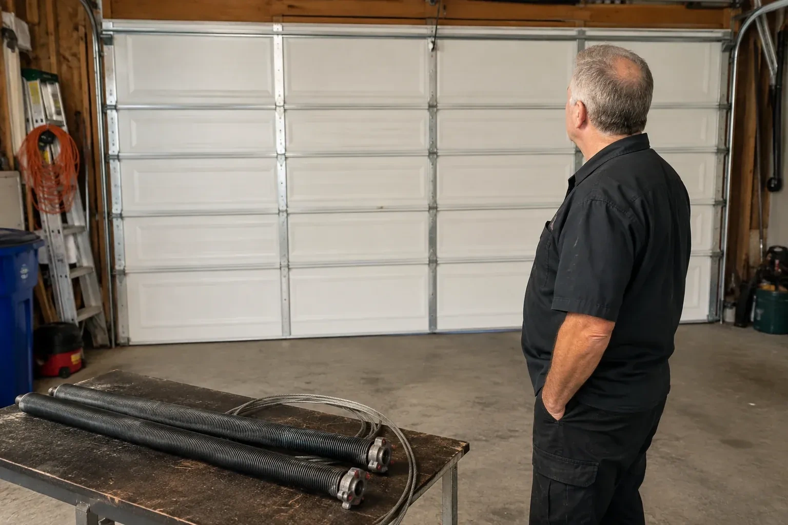 Detached coil springs with end fittings and a cable rest on a bench in front of a closed garage door. — Torsion Spring Replacement, Port Colborne